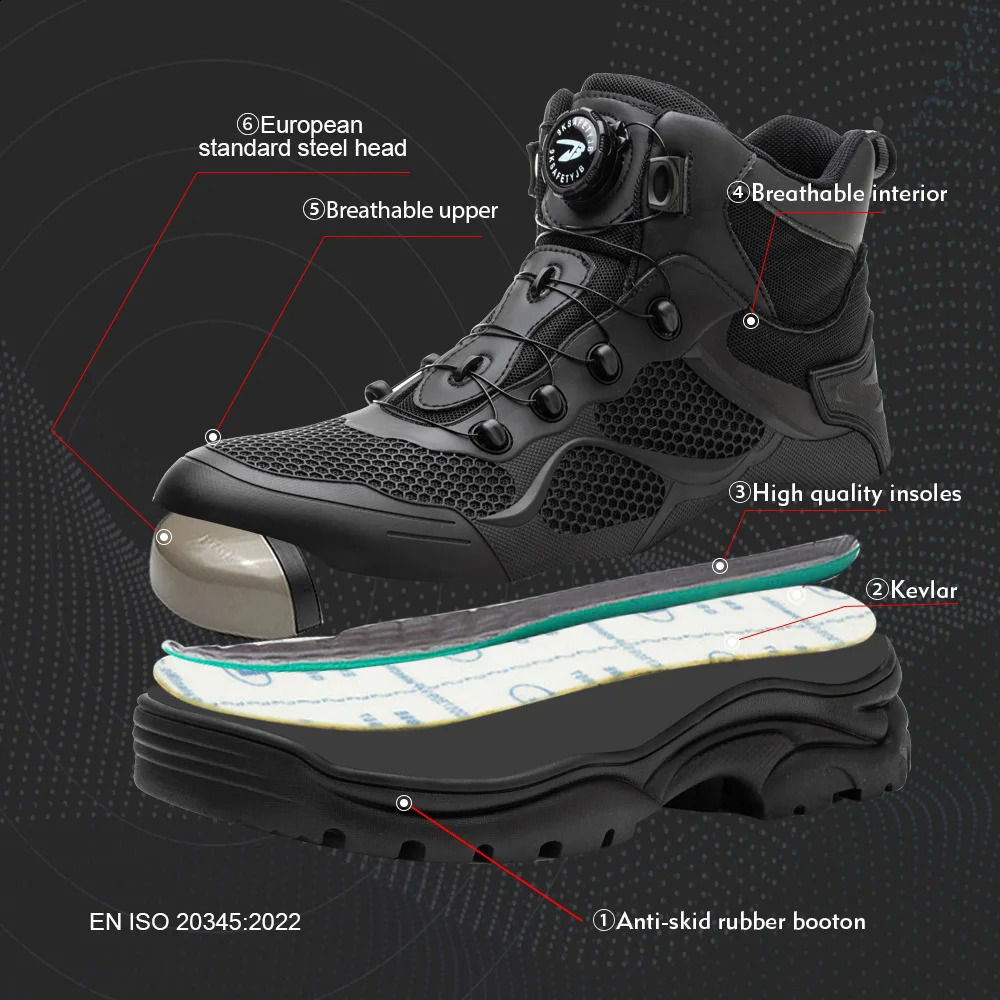 Knob Lacing Work Boots Safety Steel Toe Shoes Men Protective Shoes Anti-smash Puncture High Top Safety Boots Male Sneakers 241226