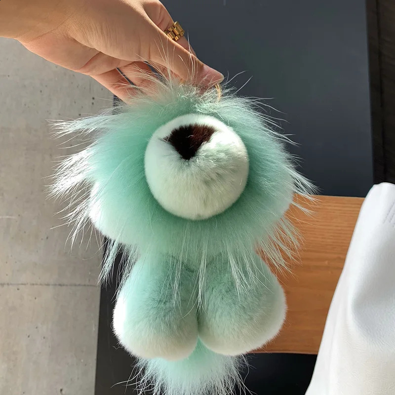 Cute Lion Real Rex Rabbit Fur Keychain Plush Toys Trinkets Women Bag Ornaments Pendant Car Keyring Rearview Mirror Decoration 241226