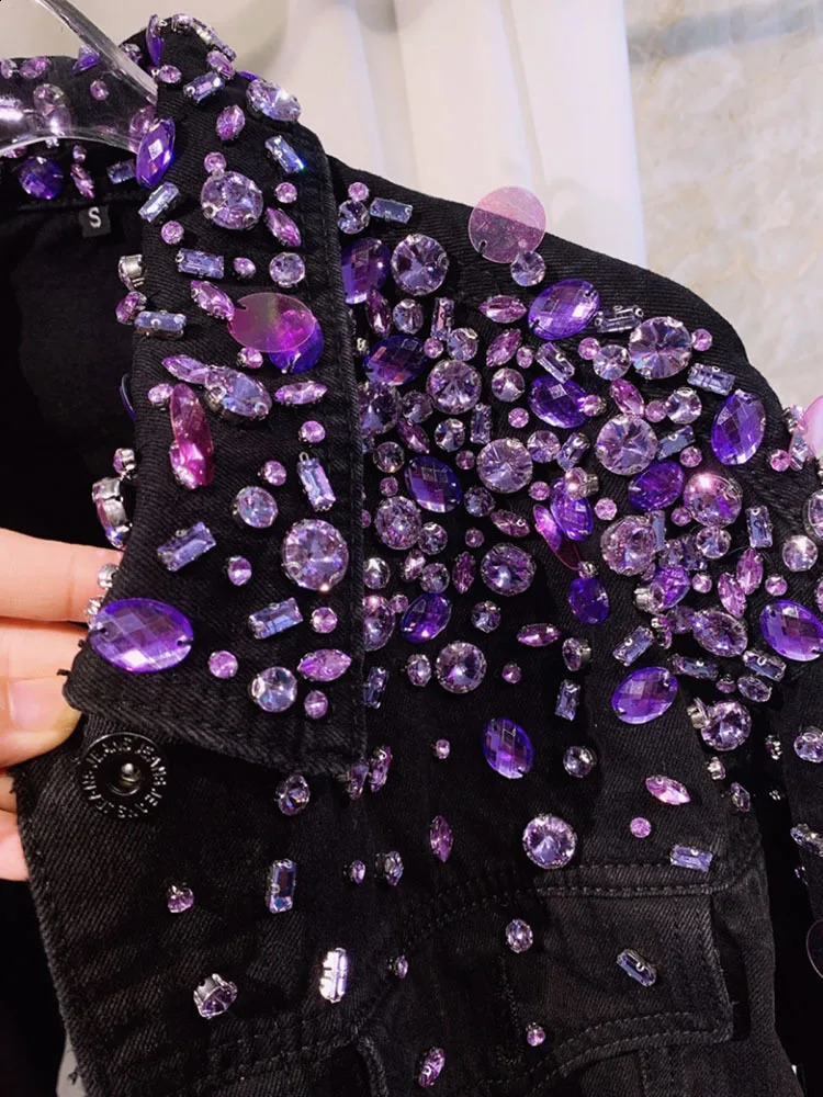 Studded Black Denim Jacket Woman Fashion Model Heavy Industry Rhinestone Beaded Sequins Street Diamond Jean Coat 241223