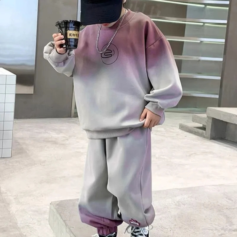 Autumn Teenage Boy Clothes Set Children Girls Gradient Tshirts and Pants 2 Pieces Suit Kid Top Bottom Fashion Outfits Tracksuit 241225