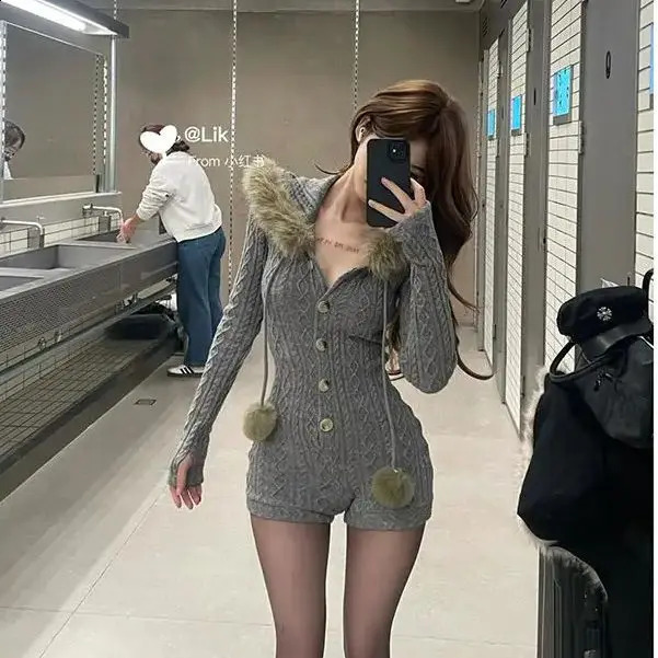 Jumpsuit Women Winter Versatile Fashionable Soft Lazy Slim Hooded Small Fur Collar Ins 241224