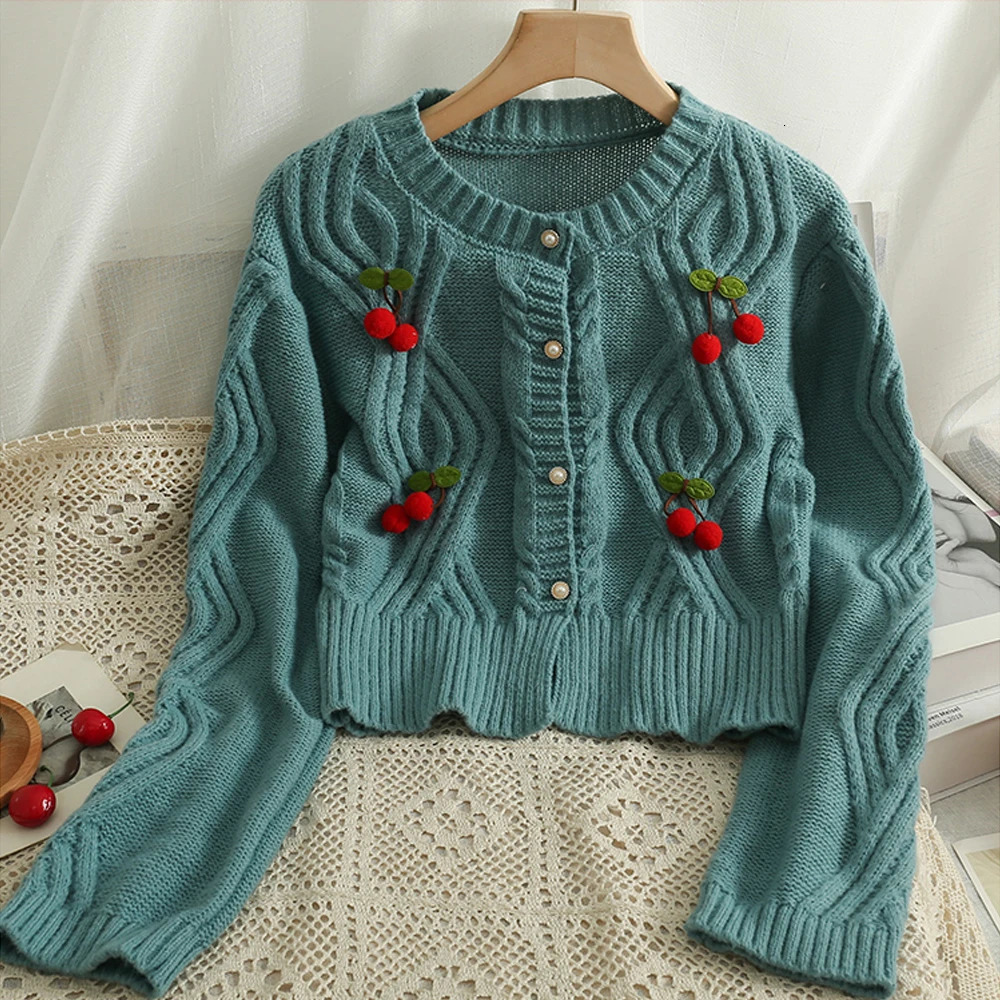 YuooMuoo Chic Fashion Cherry Knitted Cardigan Women Autumn Cute Button Up Oneck Long Sleeve Coat Streatwear Lady Y2K Sweaters 241225