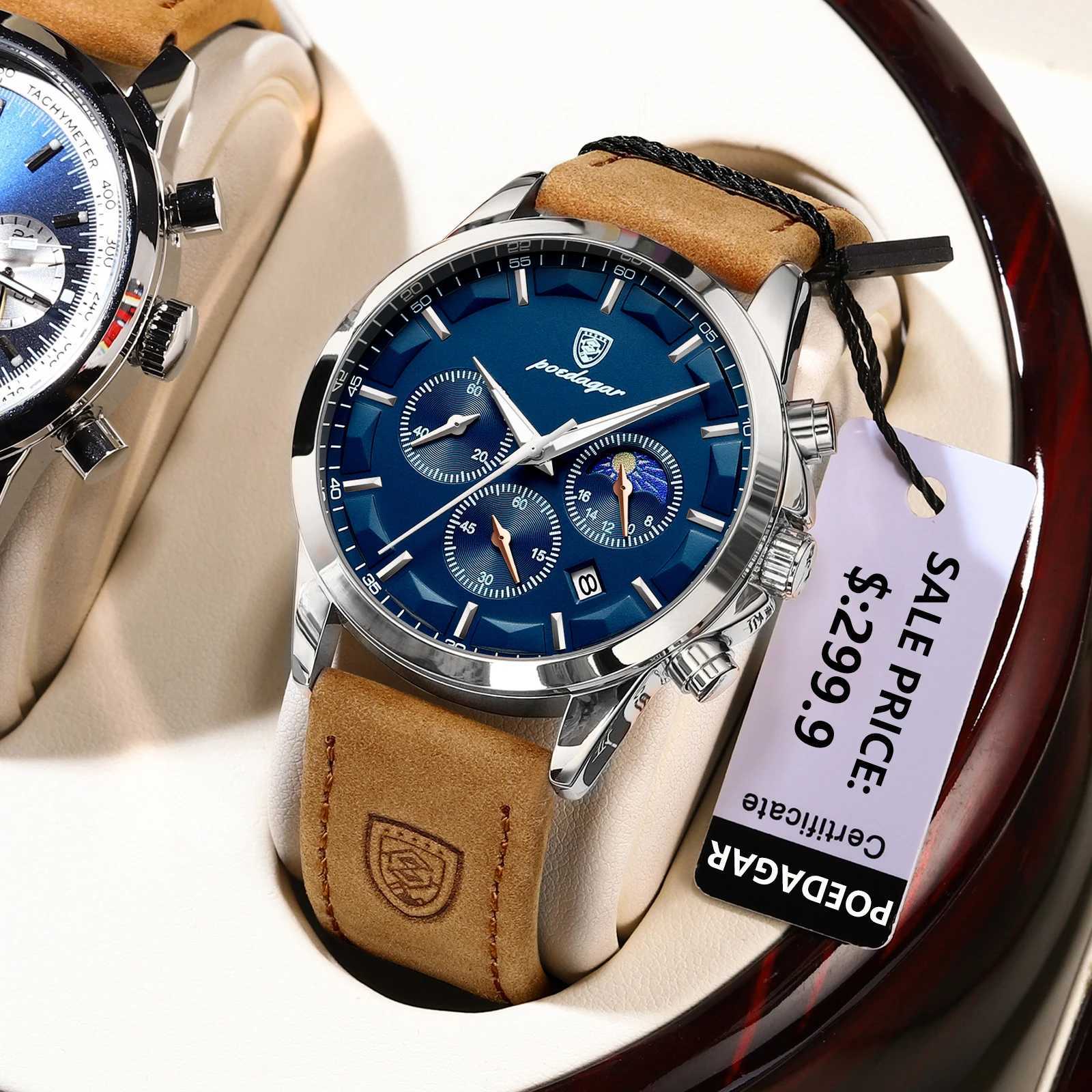 New Arrival POEDAGAR Casual Mens Watches Trend Fashion Quartz Watch for Man Waterpoof Leather Strap Luminous Date Chronograph New Z241226