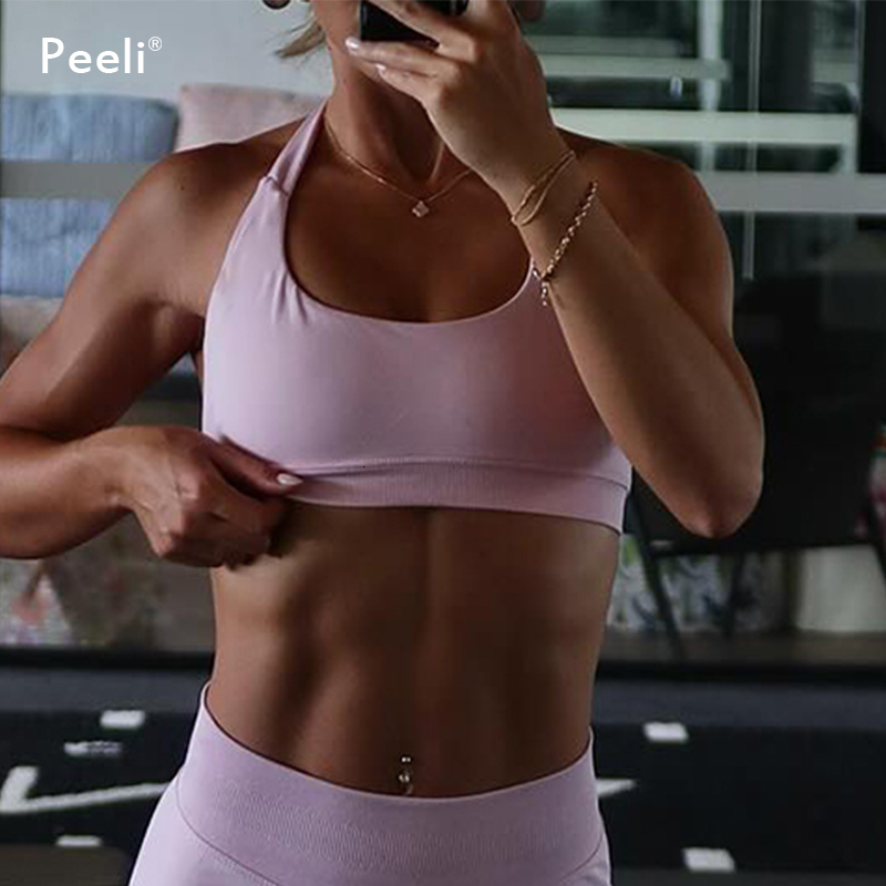 High Impact Women Seamless Bra Padded Backless Sports Bras Halter Gym Crop Top Push Up Workout Yoga Tops