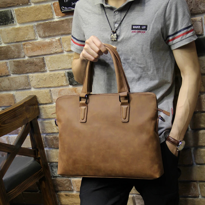 Crazy horse pu leather men bags vintage business leather briefcase mens Briefcase men travel bags tote laptop bag man bag 241225