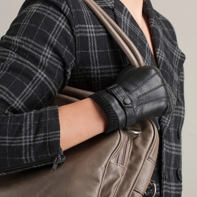 Knitted Rib Men Sheepskin Gloves Winter Motorcycle Top Quality 100% Genuine Leather Gloves Warm Full Finger Gloves Men Brown 241226