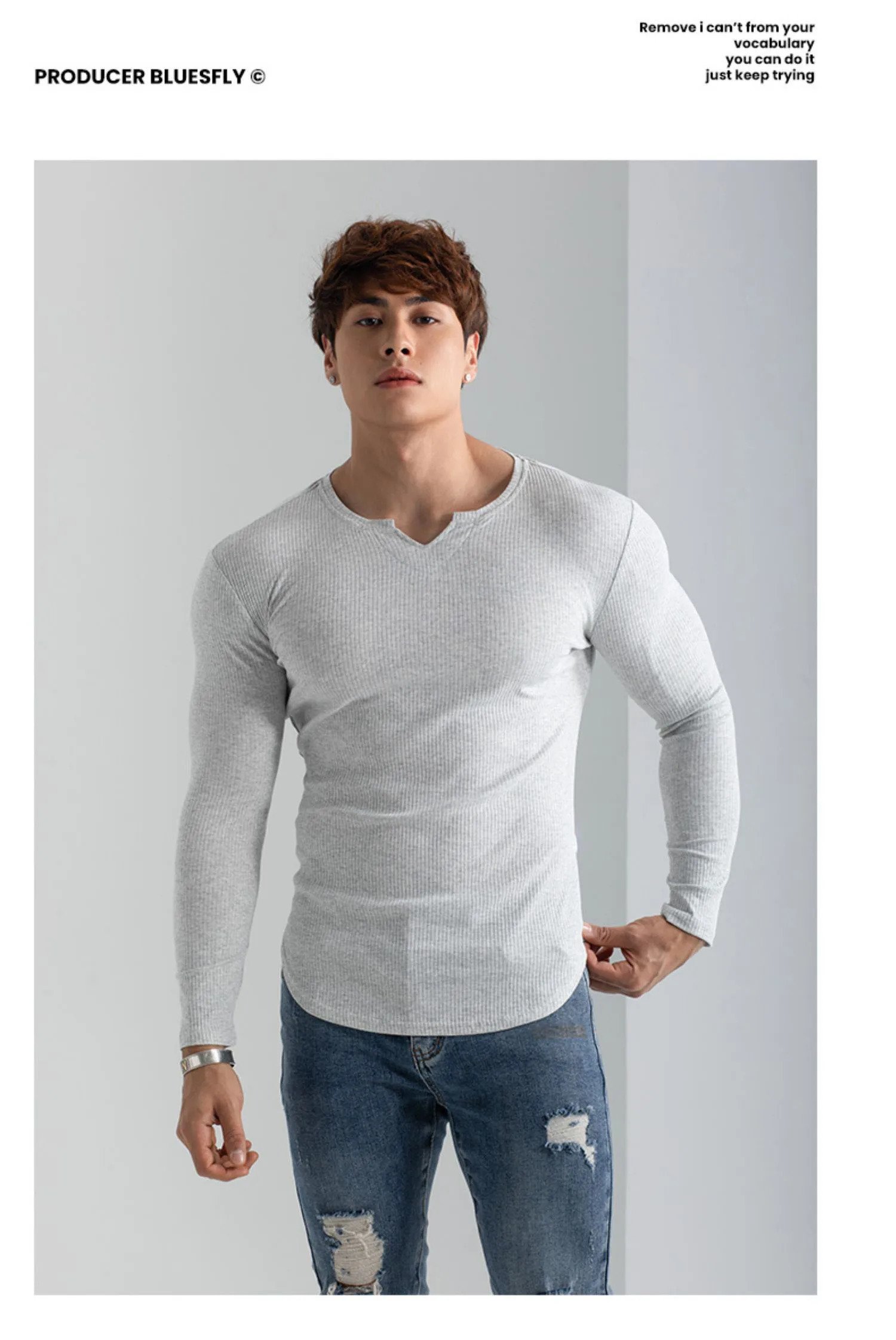 2024 mens texture stripes solid color Vneck tights elastic running hip hop long sleeve Tshirt spring and autumn shirt 241223