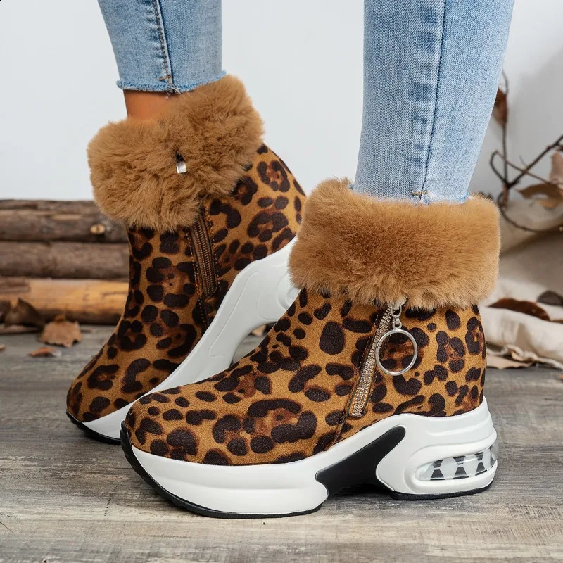 Winter Thick Cotton Boots Womens Fashion Round Head Leopard Print Side Zipper Anti-landslide Heel Boots 241226