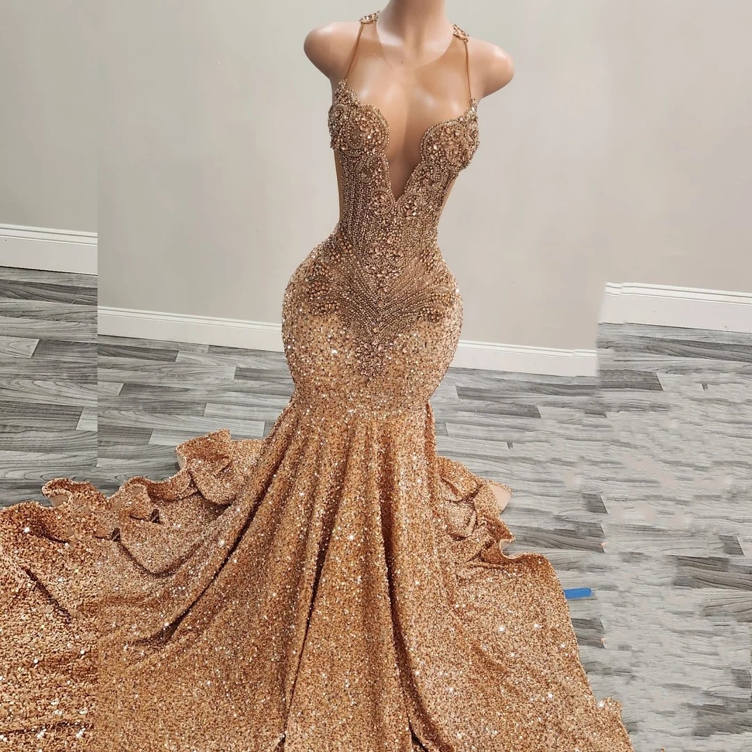 2025 Gold Rhies Sequin Prom Dresses Blackgirls Crystal Beaded Long Birthday Party Formal Gowns Evening Dress Sexy Robe De Soriee