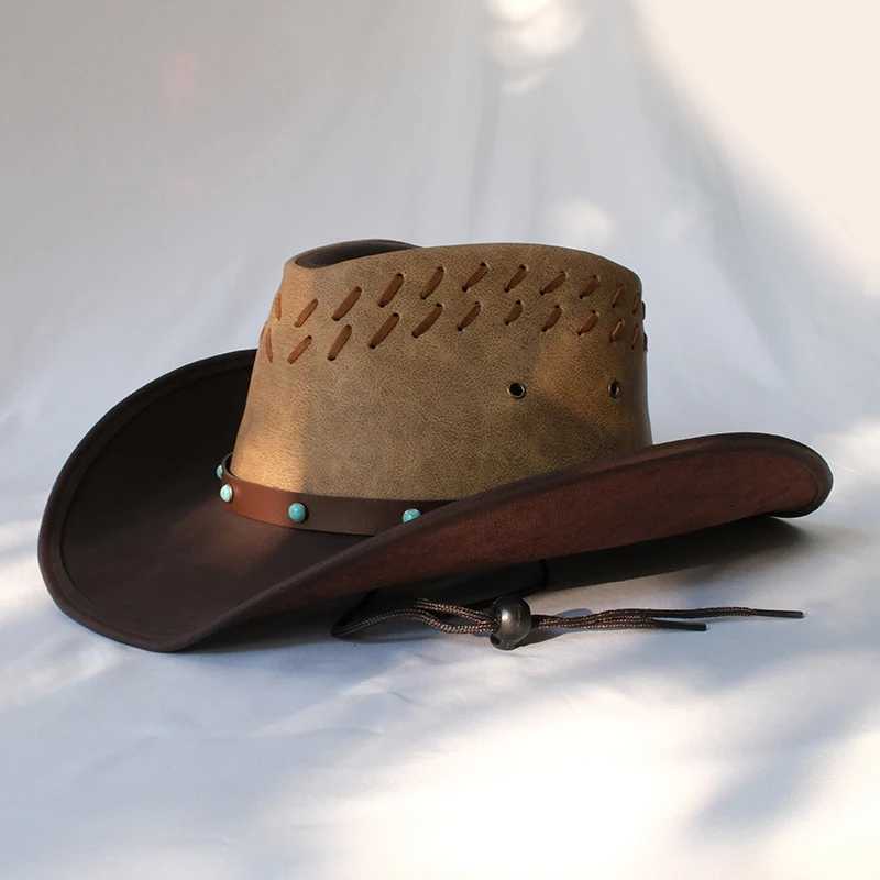 Retro turquoise bead belt womens PU roll width Brim Sombrero Sun C beach denim Western hat adjustment W241225