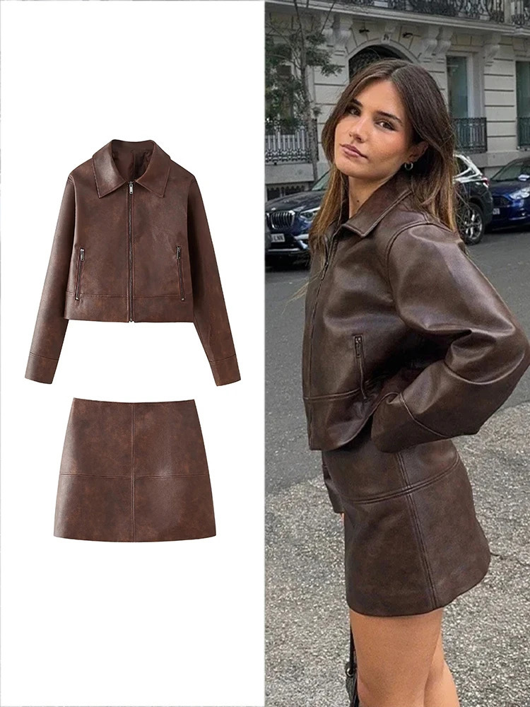 TRAF Womens Fashion Faux Leather Long Sleeve Mini Skirt Set Casual Loose Lapel Zipper Coat Brown Slim Skir 241220