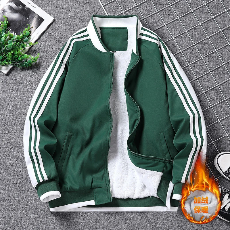 Mens Stand Collar Thick Jacket Autumn Winter Korean Trendy Striped Spliced Long Sleeve Zipper Pocket Loose Cardigan Casual Coat 241225