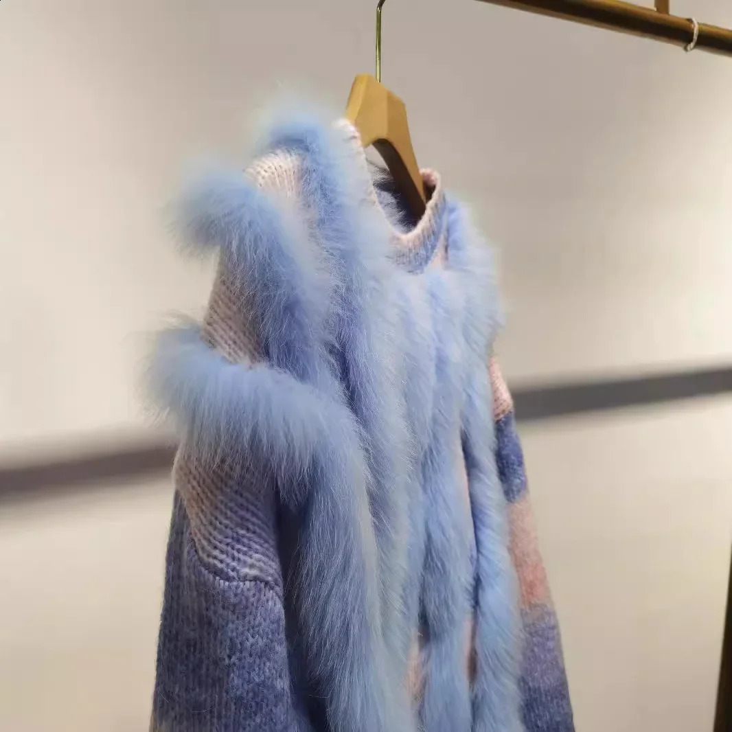 Autumn Women Loose Knitted Pullover Sweater With Real Natural Fox Fur O-neck Plus Size Long Sleeves Knitting Sweaters 241224