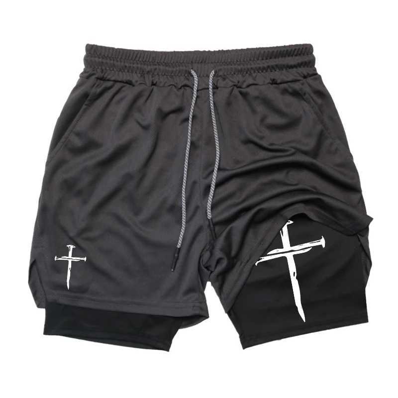 Cross Graphic 2 in 1 Workout Running Shorts for Men Christian Gym Performance Shorts with Phone Pocket Towel Loop Active WearXJ241226