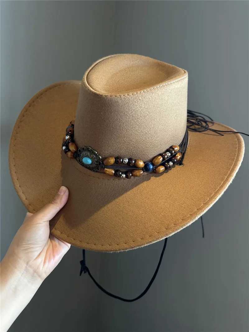 Retro turquoise decorated Western cowboy hat summer new style large brimmed wide border sun hat W241225