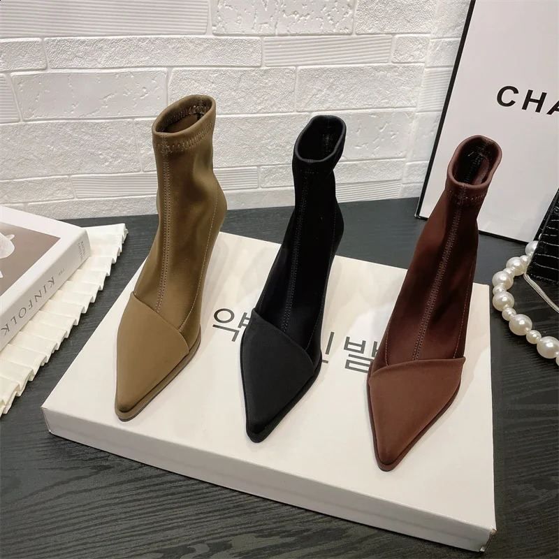 Fashion Ankle Boots Pointed Elastic Boots Autumn Stiletto Solid Color Boots Workplace Womens Shoes Botines Mujer 241226