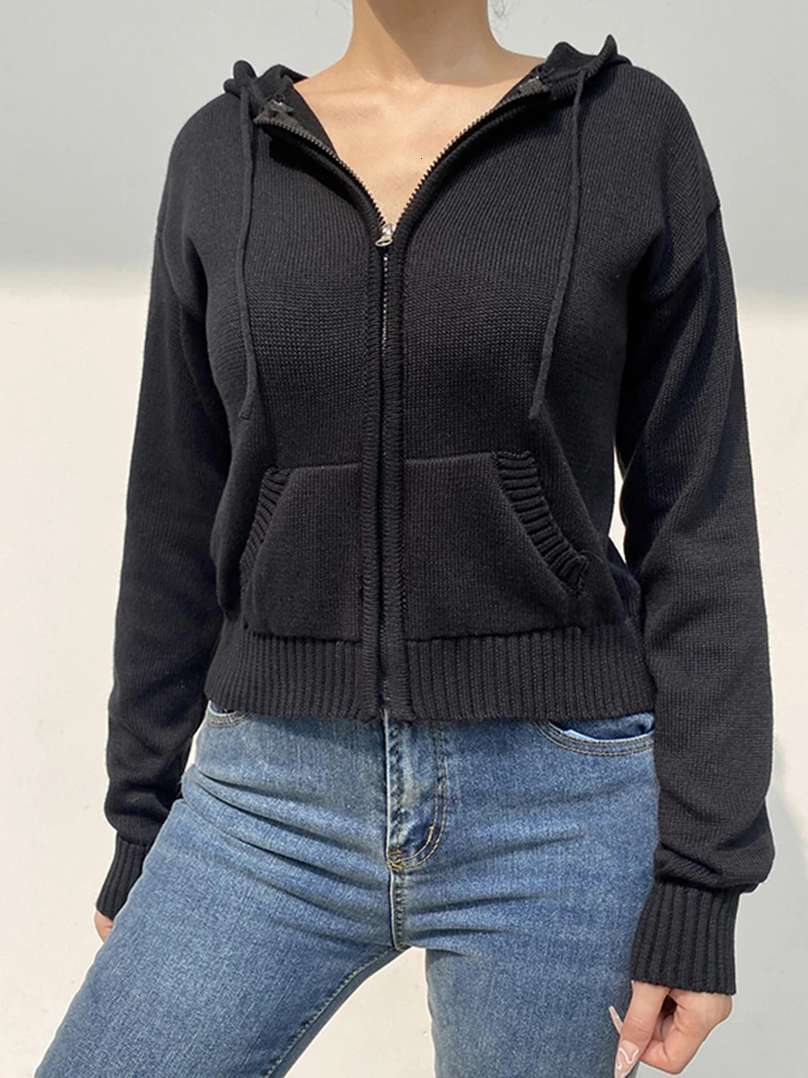Womens Vintage Knitted Zip Up Cropped Hoodie y2k Oversized Long Sleeve Drawstring Sweatshirt Solid Color Cardigan Streetwear 241223