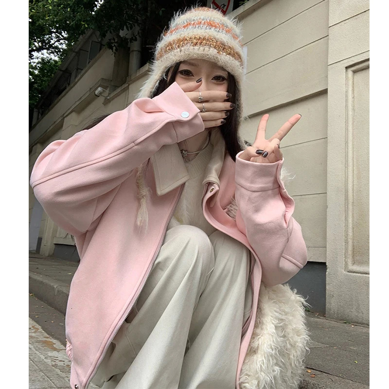 Couple American Streetwear Polo Collar Suede Baseball Jacket Women Coat Autumn Loose Casual Motorcycle Tops 241218