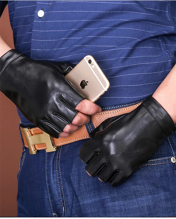 Mens Semi-finger Genuine Sheepskin Leather Driving Gloves Male Natural Leather Fingerless Riding Fitness Sports Show Gloves 241226