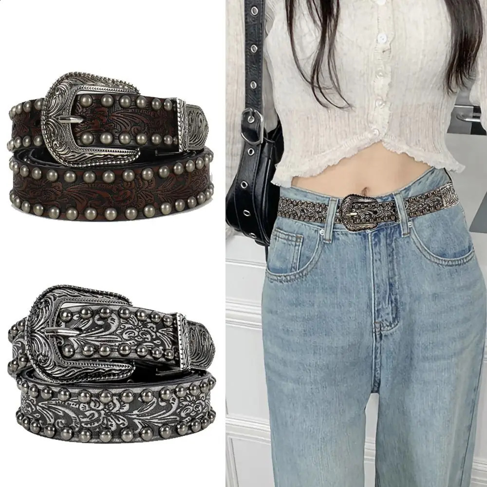 Punk Rock Chic Round Rivet Belt Harajuku Vintage Alloy Buckle Waistband Y2K PU Leather Belt 241226
