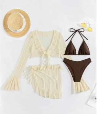 Womens solid mini bead bikini set 4 pieces with mesh cover top and tight swimsuit beach set BiquiniW241225