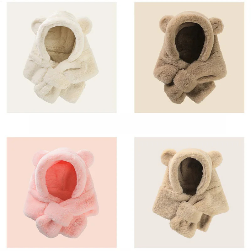 Winter Baby Hat Scarf OnePiece Faux Fur Kids Hats Cartoon Bear Warm Neck Ear Cap for Boys Girls Windproof Beanies Infant Stuffs 241225