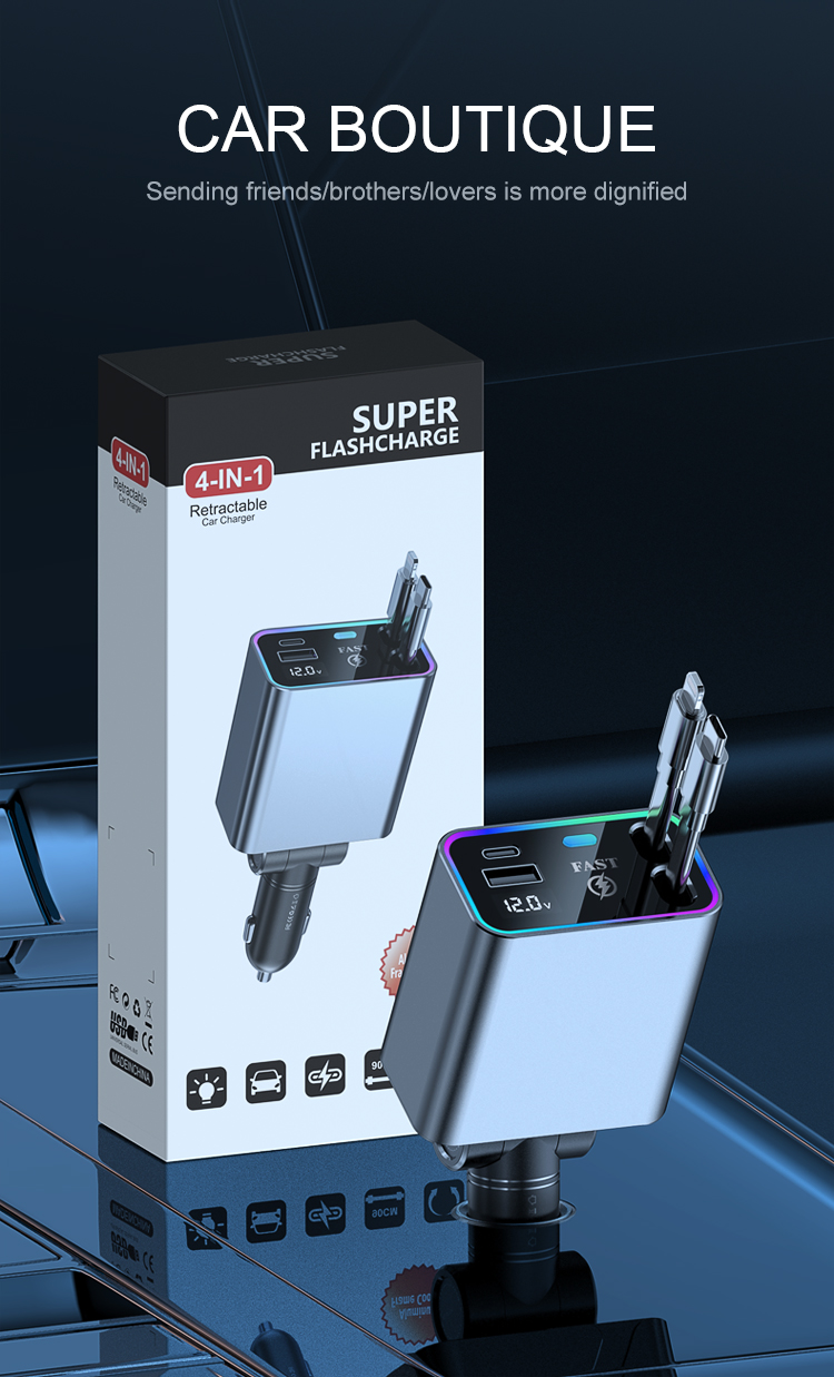 Super Fast Charging Car Phone Conversion Plug with Retractable Cable - Dual USB Ports