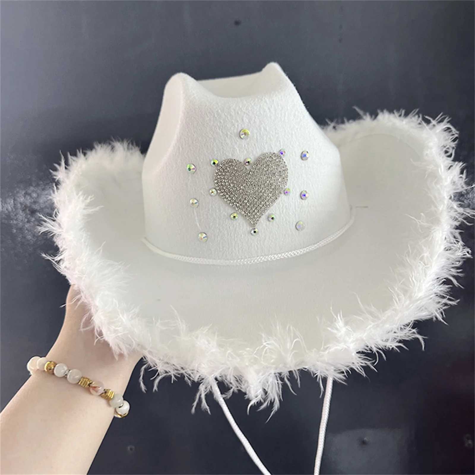 Diamond Heart Feather Cowboy Hat for Womens Western Style Fashion Party Wide Brown Cowboy Hat Plush Decoration Cs W241225