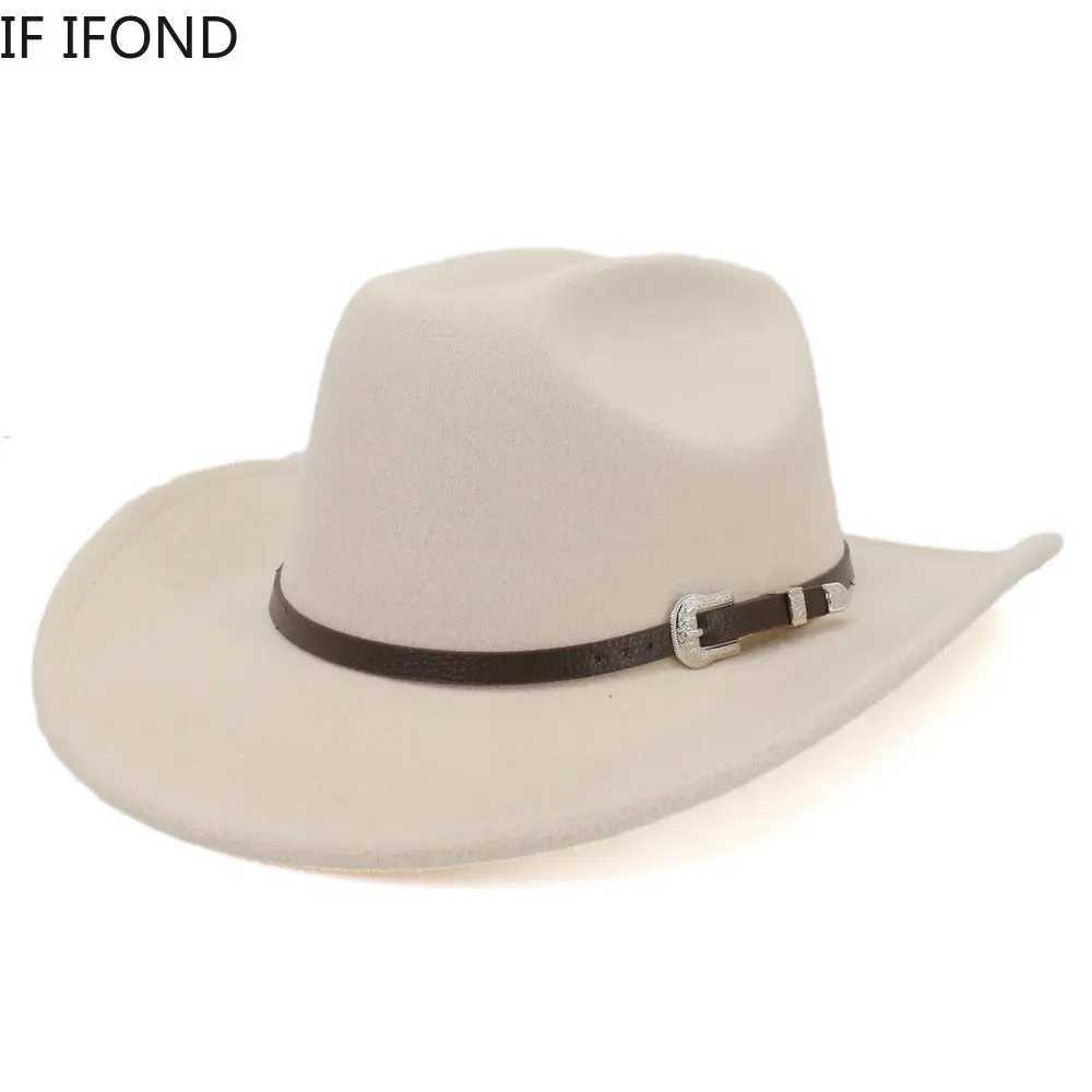 New retro mens western cowboy hat with belt rolled up in winter and autumn Brim Cowboy Girl Jazz Church C Sombrero Hombre W241225