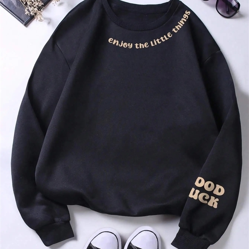 Enioy The Little Things Letter Printing Sweatshirt Women Street Pullover Warm Soft Hoodies Loose Crewneck Fleece Female Clothing 241225