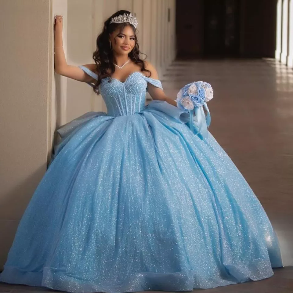 Skyl Blue Quinceanera Dress Off Shoulder Sweetheart Beading Crystals Pearls Ball Gown Elegant Tulle Dresses Sweet 15 16 Birthday Party Gowns
