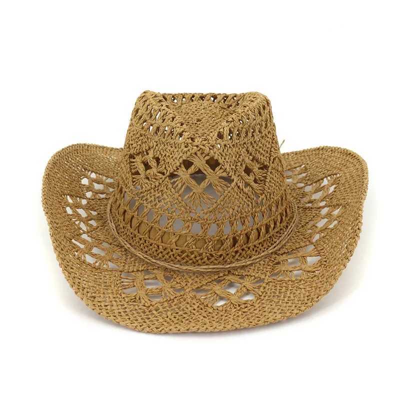 Summer Outdoor Mens and Womens Hand Woven Western Cowboy Each Hat Wide Brown Breathable Beach Jazz C Sunscreen Hat W241225