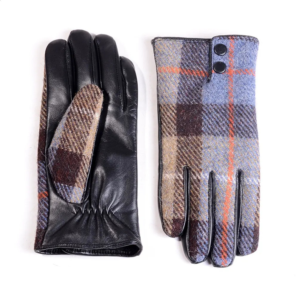 Mens Male Wool Tweed Leather Winter Warm Thicker Lining fashion Touch Screen Driving Short Gloves 241226