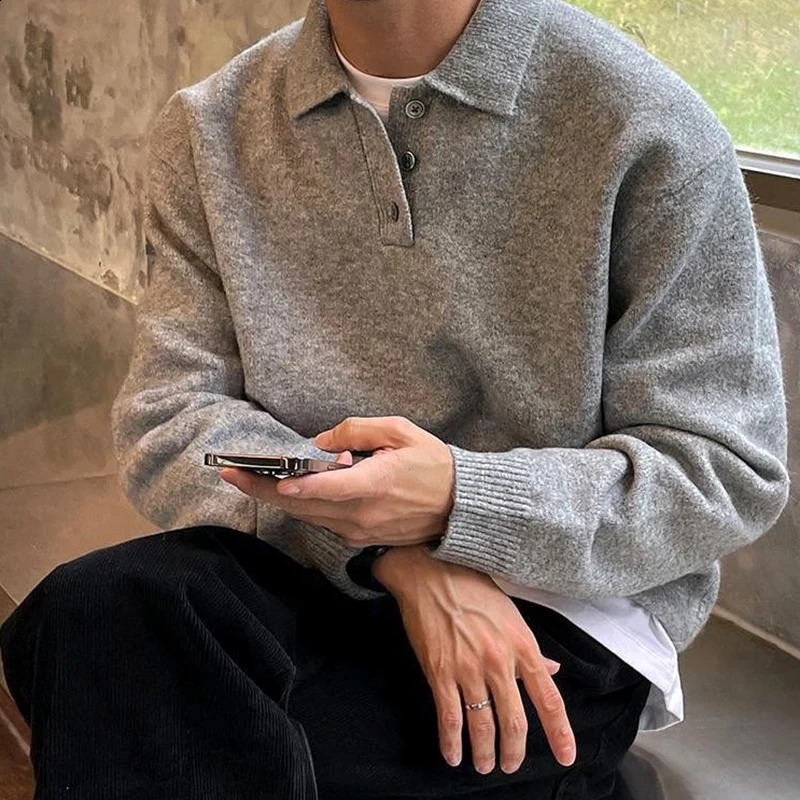 Casual Solid Color Knitted Polo Shirts Mens Spring Stylish Buttoned Polo Collar Sweaters Men Vintage Knitting Jumper Tops 241224