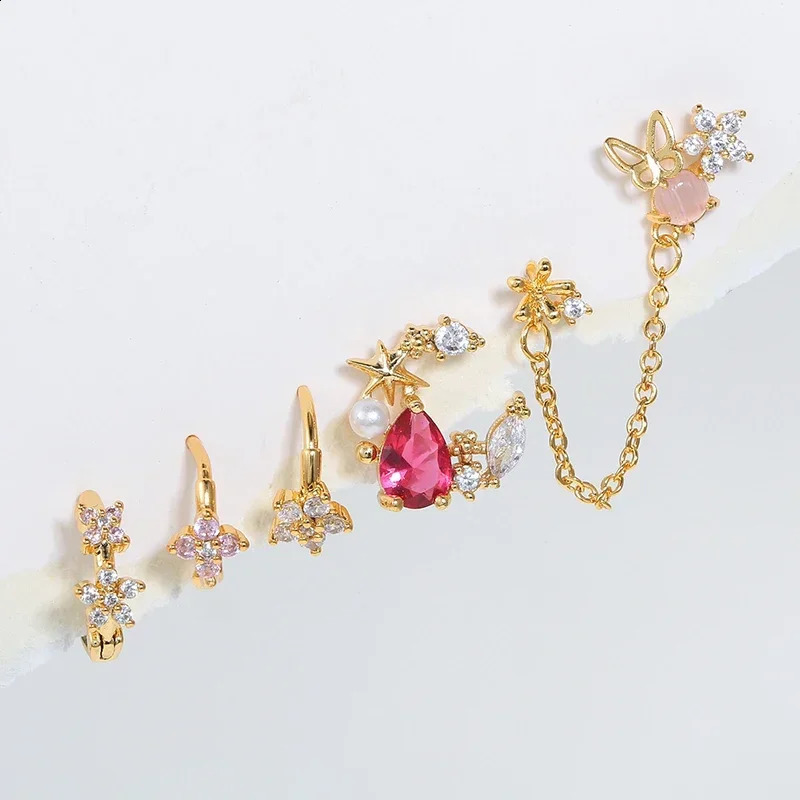 Exquisite Gold Color Flower Stud Chain Earrings Set for Women Cute Zircon Piercing Hoop Earring Fashion Korean Jewelry Wholesale 241226