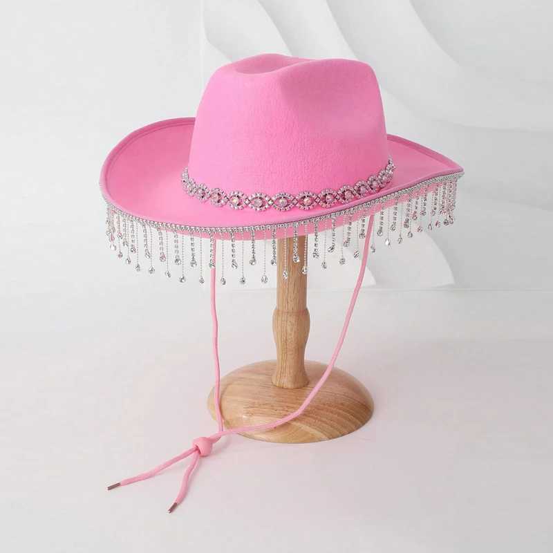 Womens denim hat with Rhinestone tassel decoration wide brown wedding hat for Fiancee shower engagement party wedding W241225