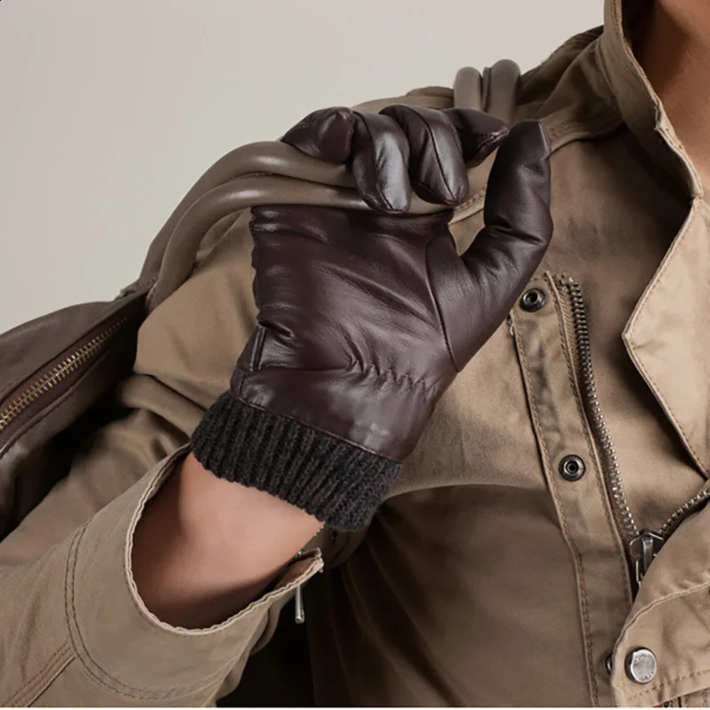 Knitted Rib Men Sheepskin Gloves Winter Motorcycle Top Quality 100% Genuine Leather Gloves Warm Full Finger Gloves Men Brown 241226
