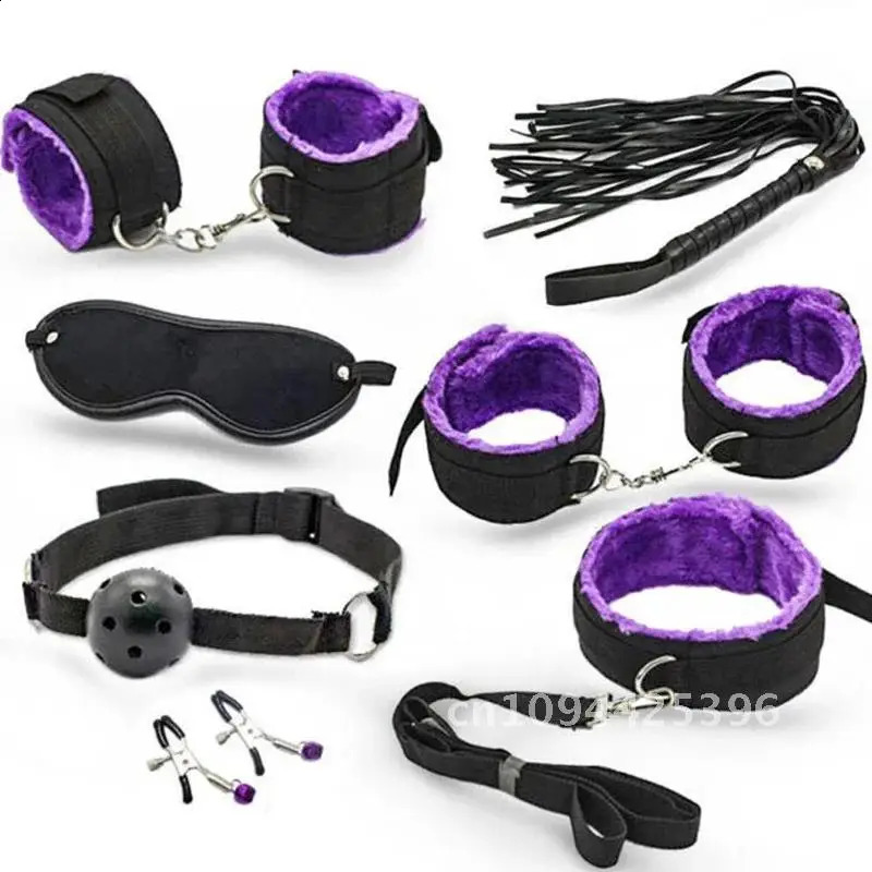 BDSM Bondage Set Sexy Plush Handcuffs Leather Whip Mouth Ball Gag Nipple Clamps Kits Sex Toys For Couples Two Exotic Accessories 241226