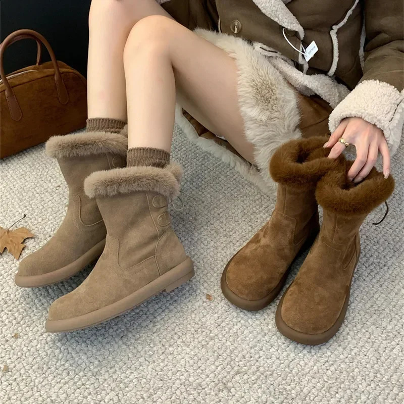 Waterproof Snow Boots with Fleece Thickened Warm Cotton Shoes Short Tube with Fleece Martens Flat Wool Shoes for Women 241226