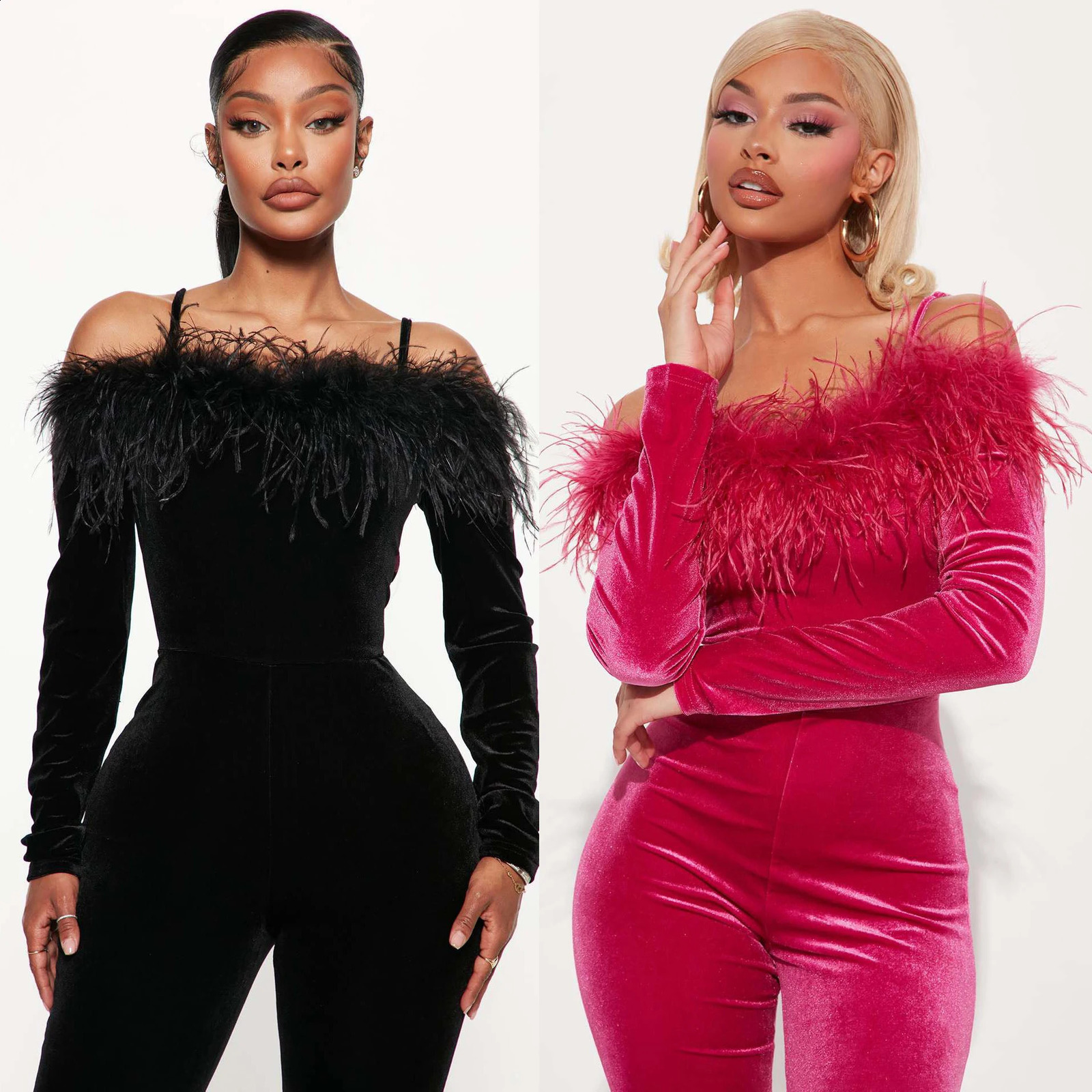 Velvet Feather Jumpsuits Elegant Outfit Bodycon Winter Clothes Long Sleeve One Piece Women Club Jumpsuit Bodysuit 241224
