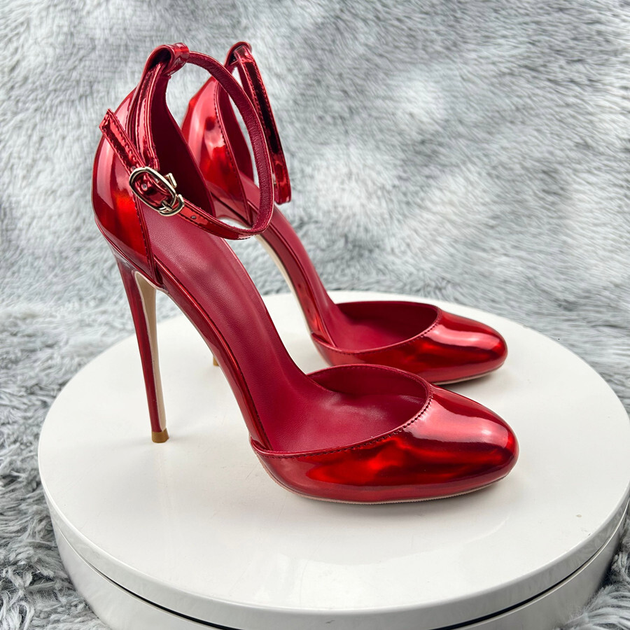 Laser Red Patent Leather Women Ankle Strap D'orsay Pumps 12Cm High Heels Cute Mary Jane Red Inside Stilettos Party Shoes