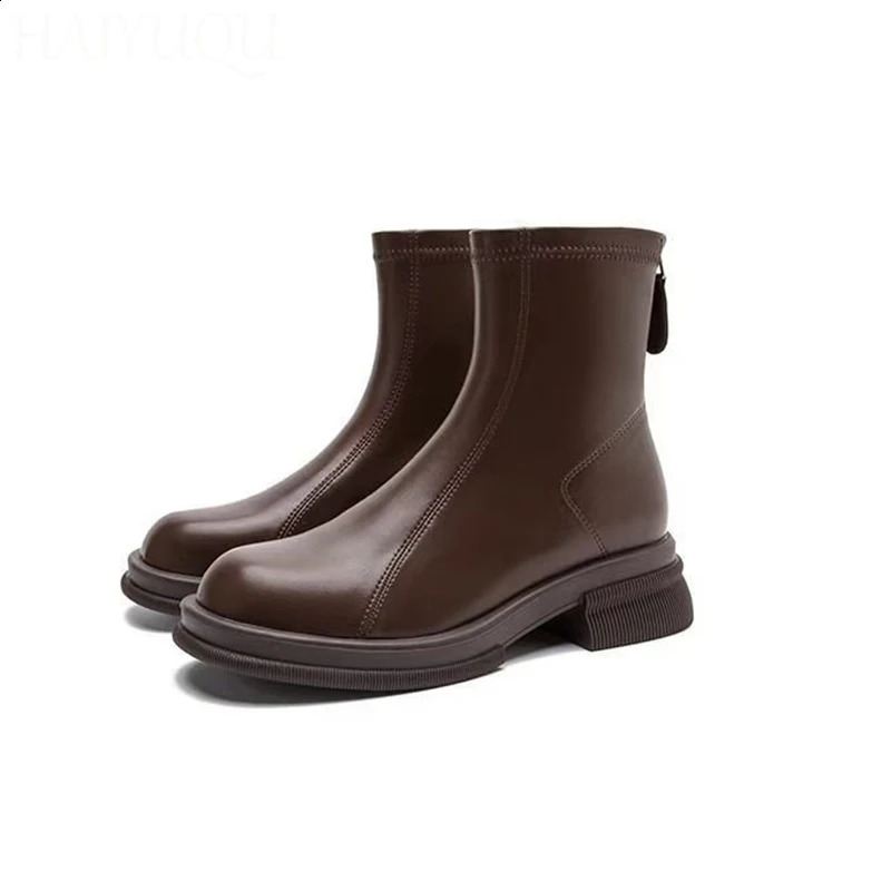 Ankle Boots for Women Chunky Fashion Shoes Platform Warm Leather Short Plush Boots Cozy Walking Goth Mujer Chelsea Botas 241226