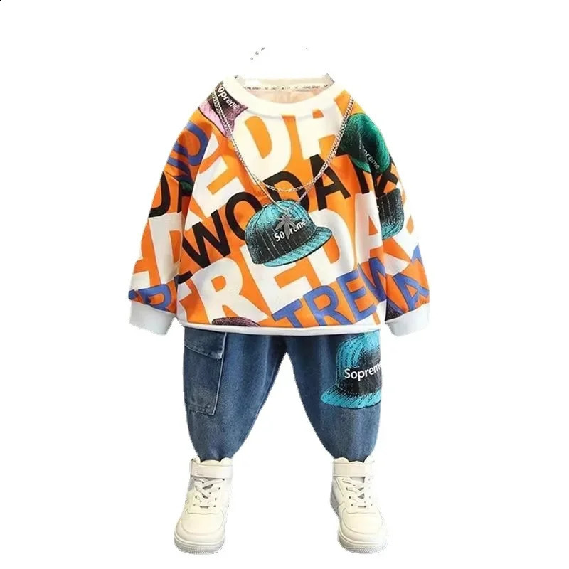 Chilrens Set for Boys Girls Spring and Autumn Suit Casual Wear Home Outing Sweatshirt Twopiece Fashionable Loungewear 241225