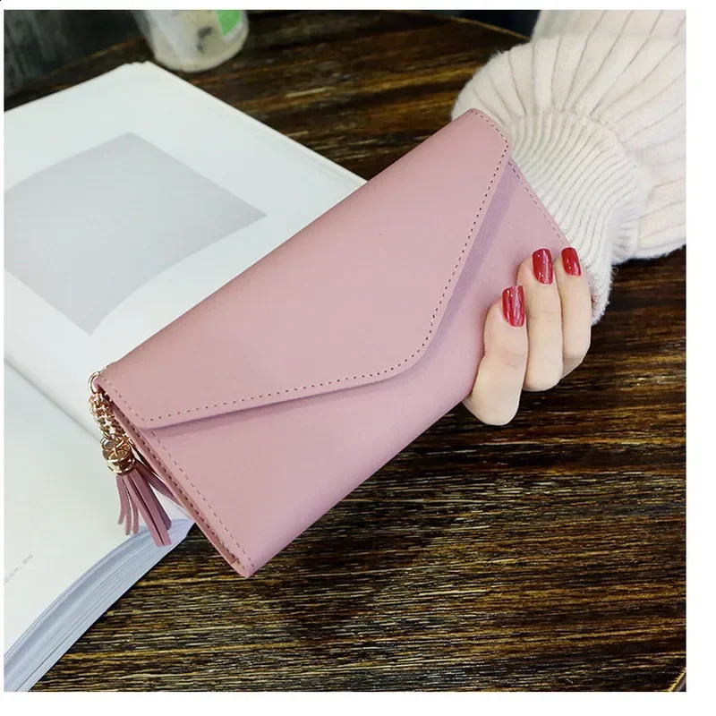 PU Leather long Wallet Solid color Women Purses Fashion Coin Purse Card Holder Tassels Wallets High Quality Clutch Money Bag 241224