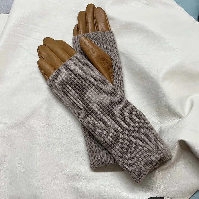 Leather Gloves Warm Knitted Panels Sheepskin Gloves Ladys Autumn Winter Single Leather Gloves Knitted Sleeves Light Brown 241226
