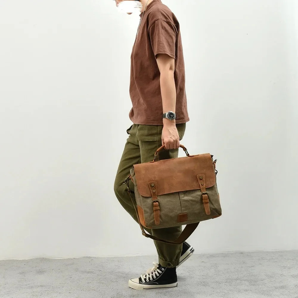 High Quality Portable Briefcase Leather with Canvas American Retro Messenger Bag Shoulder Messenger Bag Multi-purpose 241225