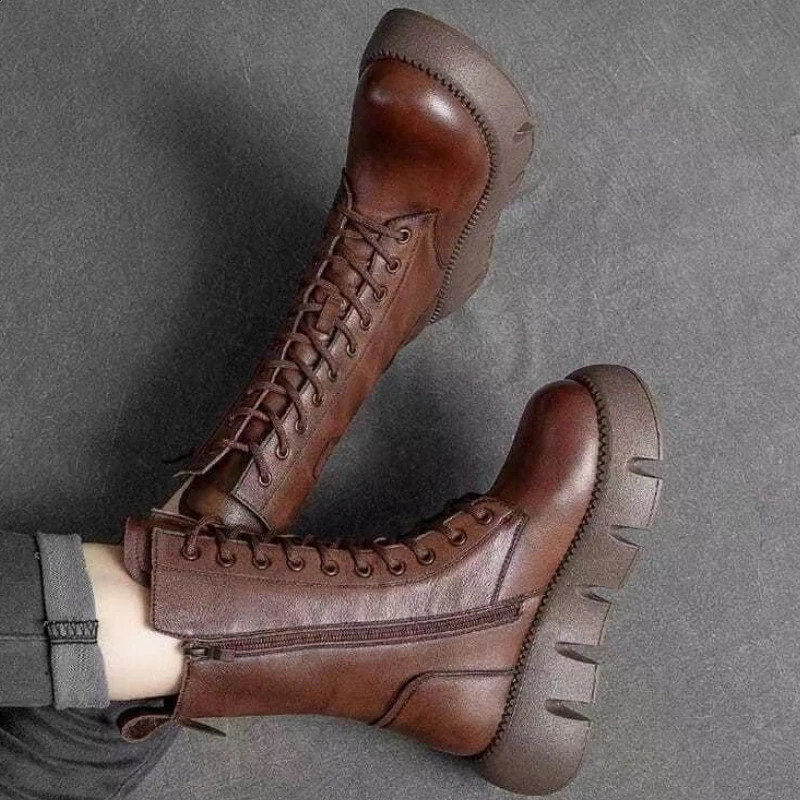 Winter Leather Women Boots Round Toe Mid-heel Ankle Boots for Women Lace Up Warm Snow Boots Retro Lady Platform Bikerboots Women 241226