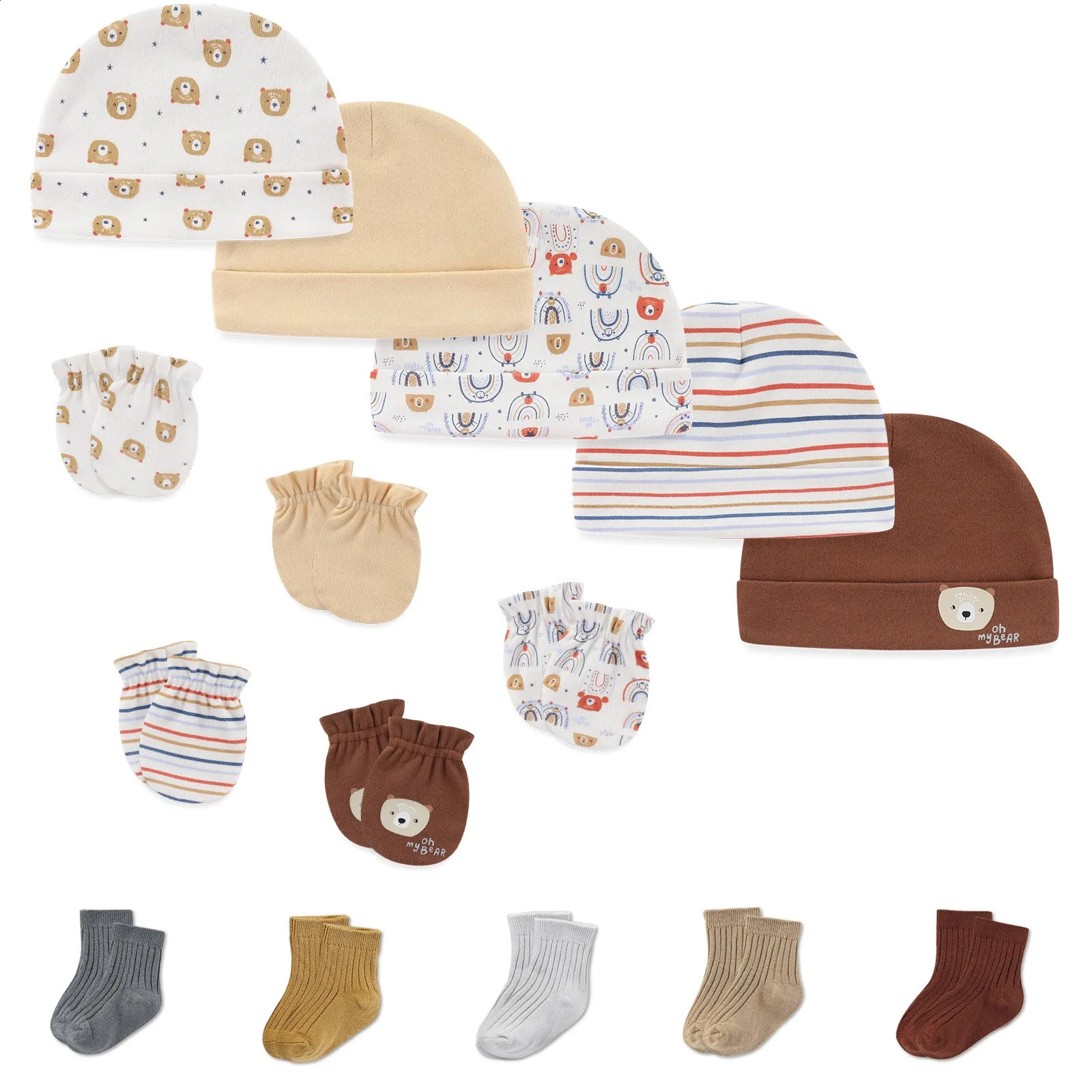 15Pieces born Baby Boy Girl HatsGlovesSocks Sets Print 100%Cotton Headwear Solid Color 06M Infant Supplies Accessories 241225