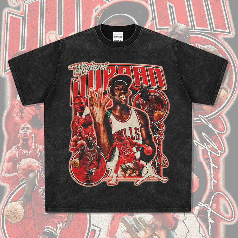 MJ Flying Man Printed Wide Short Sleeve T-shirt Washed American Pure Cotton Round Neck Hoodie