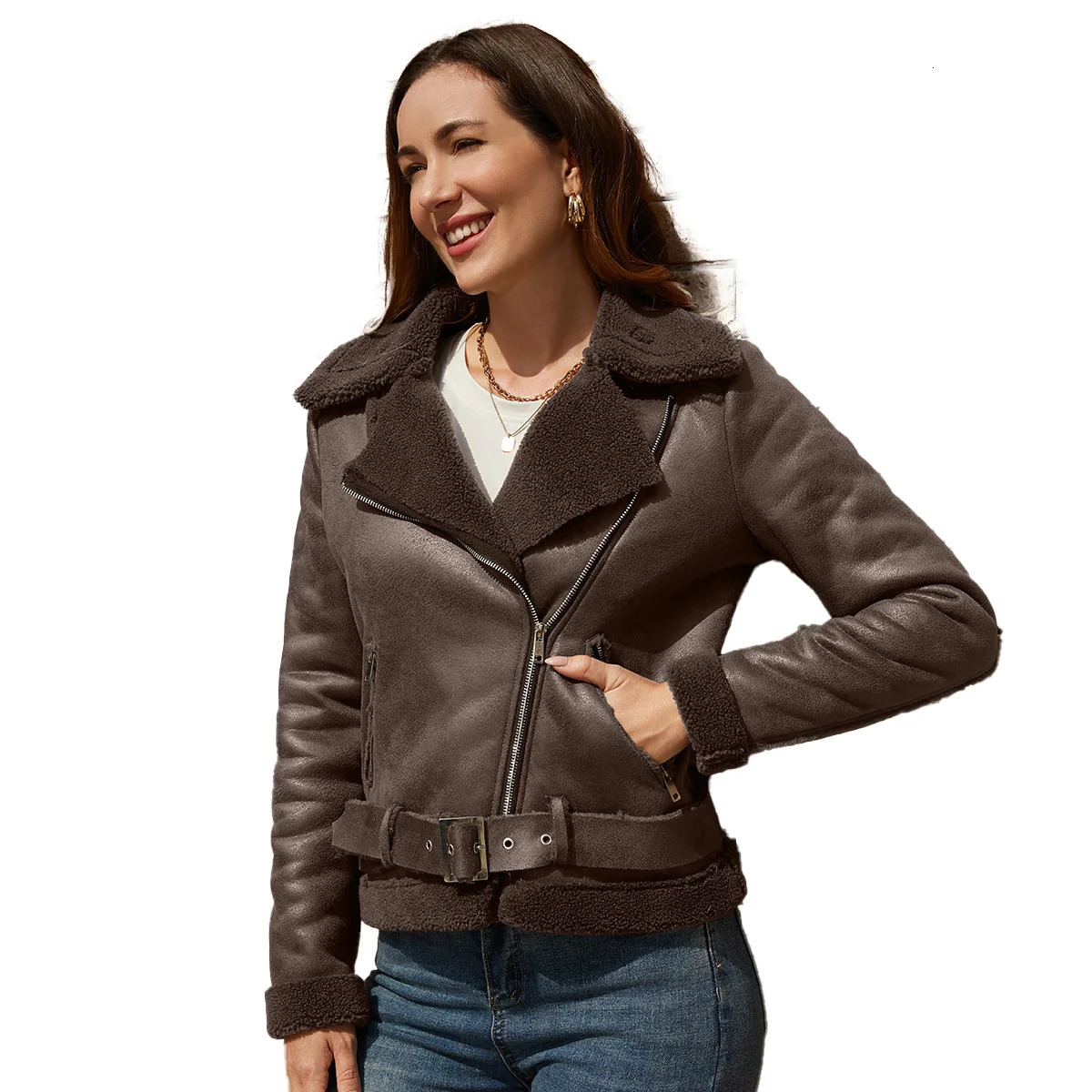 Autumn Winter Womens Leather Jacket Thicken Fur Integrated Warm Suede Female Belt Lapel Collar 241218